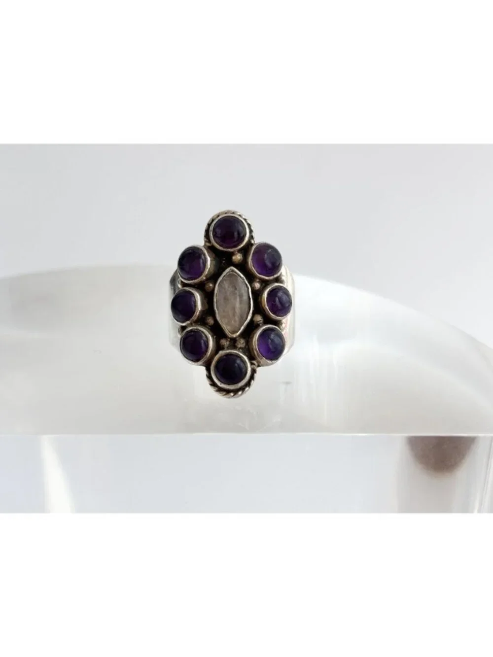 Amethyst Cabochon & Moonstone Art Deco Sterling Silver 925 Vintage Ring sz 6.75